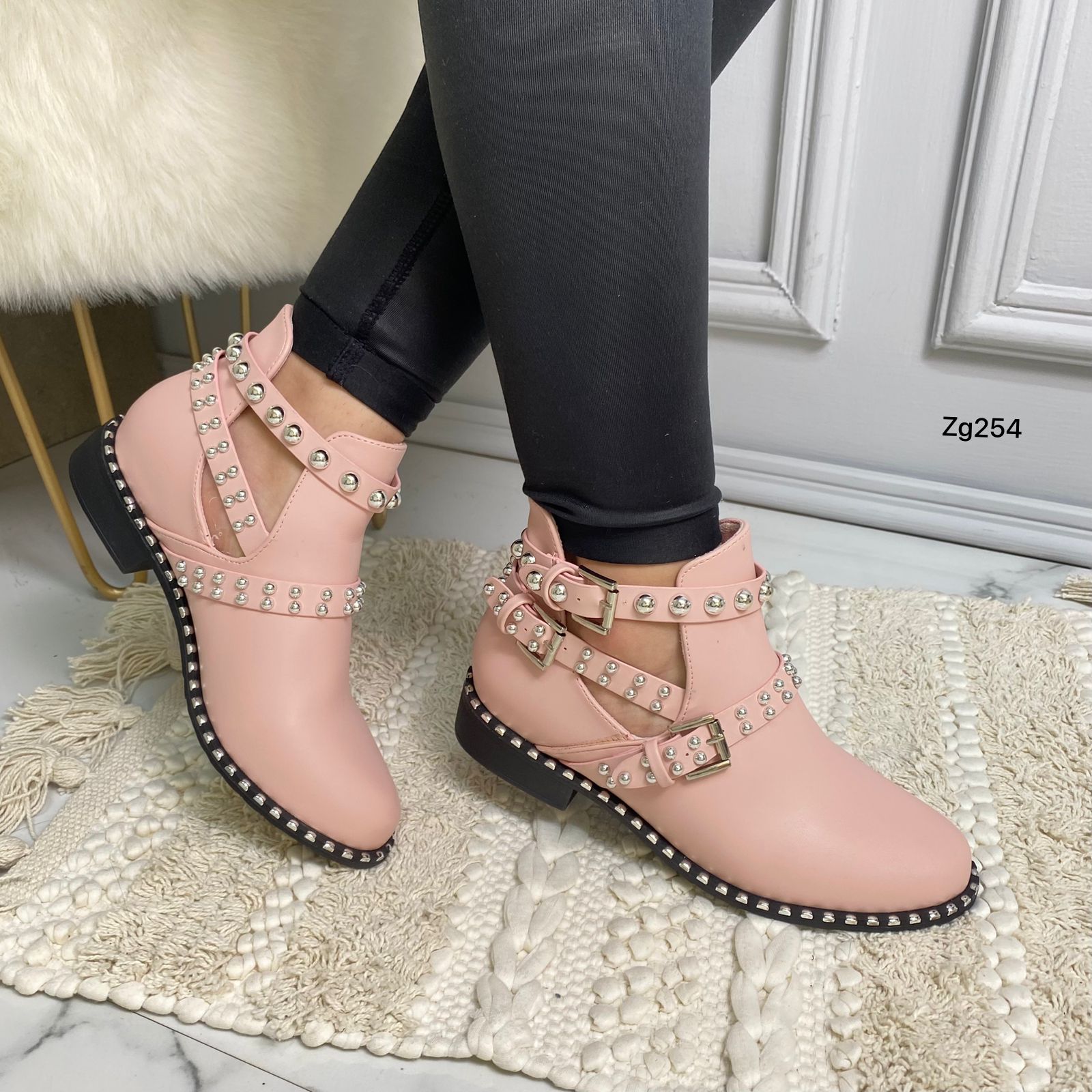 Botin rosado apliques plateado correas tacon 3cm 6078 C-21